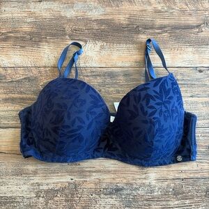 Lucky Brand Navy Blue Underwire Velvet Leaves Cup Bra 38C